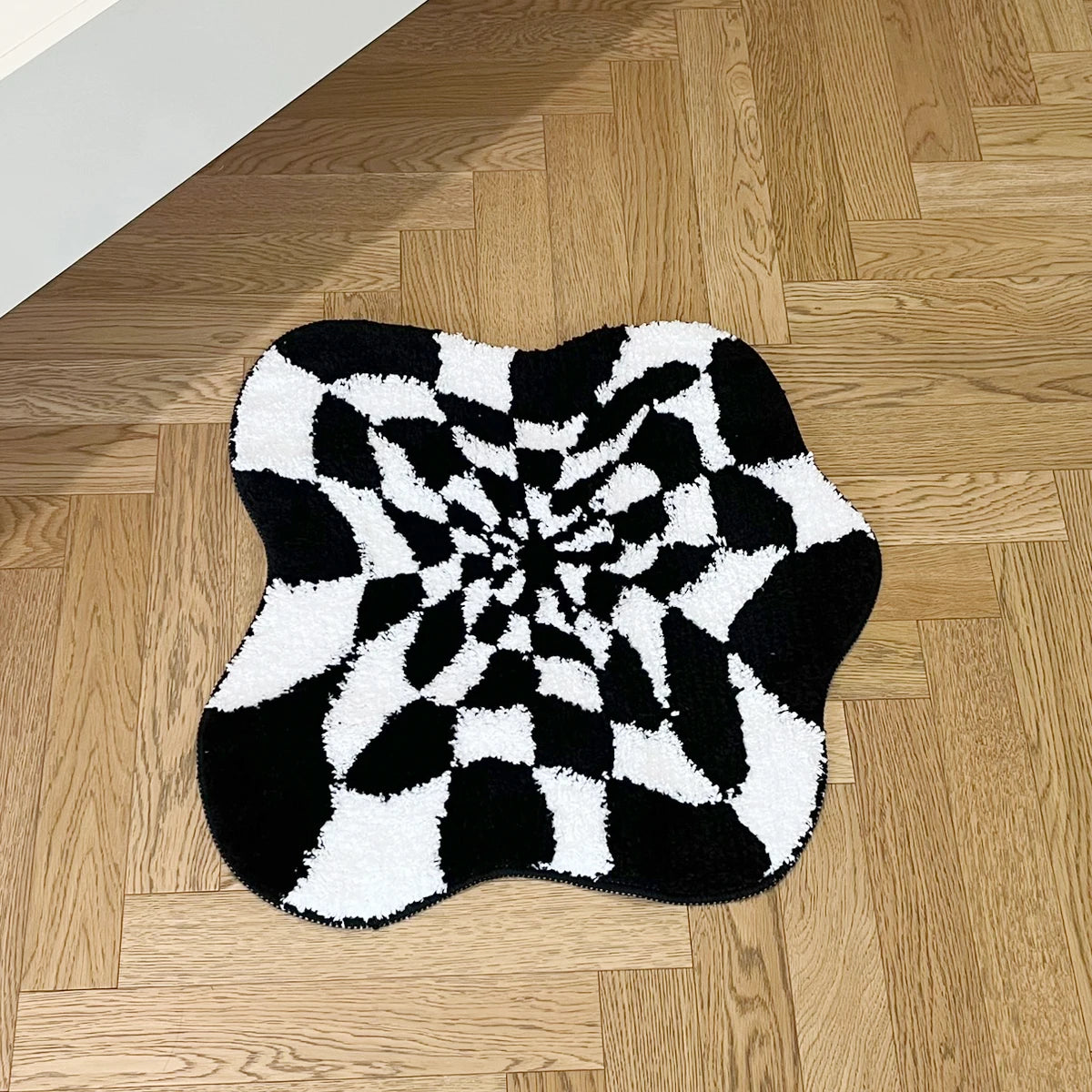 Abstrakter 3D Schachbrett Teppich Wolkenform Schwarz Weiß Weich Rutschfest