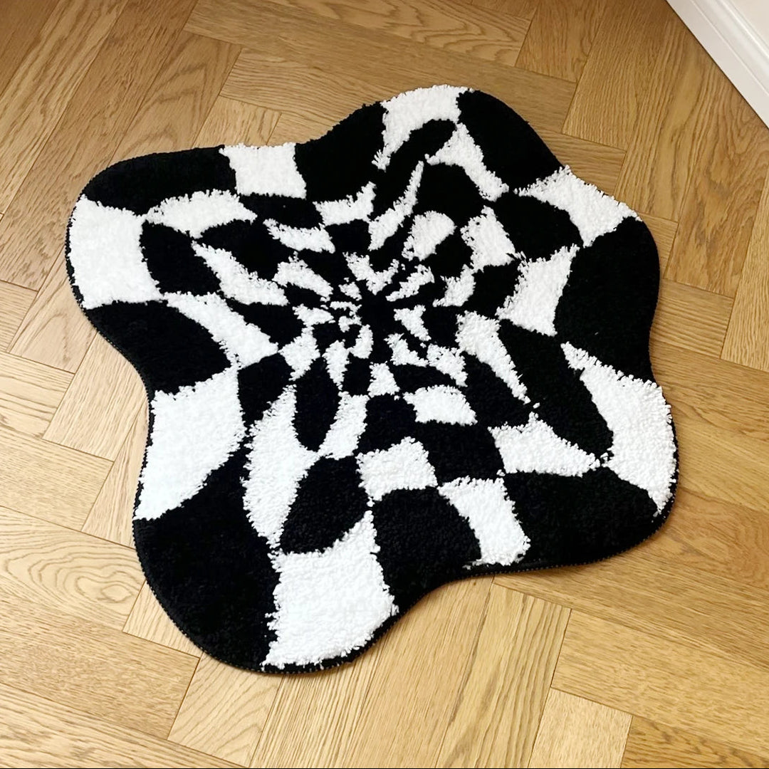 Abstrakter 3D Schachbrett Teppich Wolkenform Schwarz Weiß Weich Rutschfest